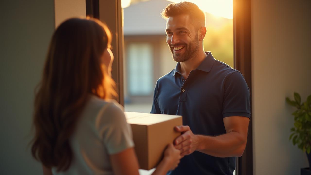 Uniformed delivery professional handing a package to a satisfied customer in Arizona